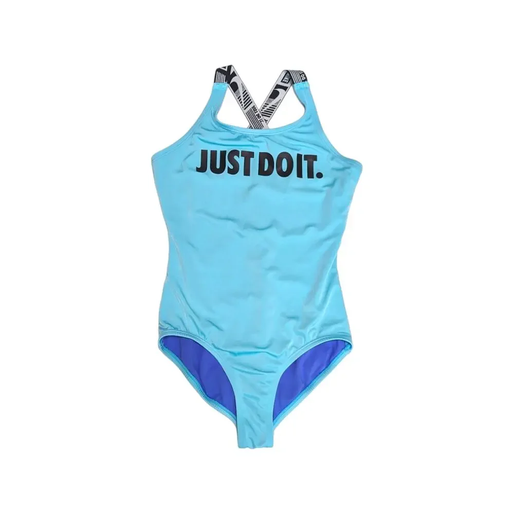 Nike Just Do It One Piece Swimsuit Cross Back Blue Girls Youth Large Swimwear